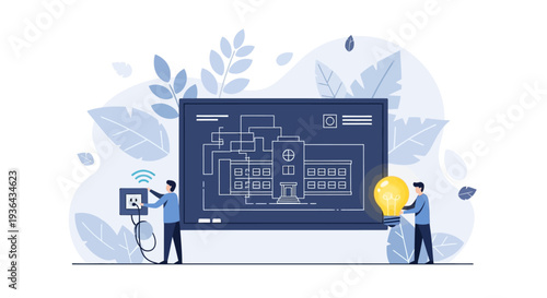 Two individuals examining a large digital blueprint on a screen surrounded by leaves and abstract shapes