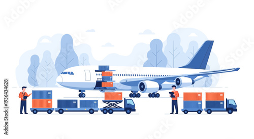 Logistics workers loading cargo onto an airplane at an airport with vehicles and equipment surrounding the aircraft