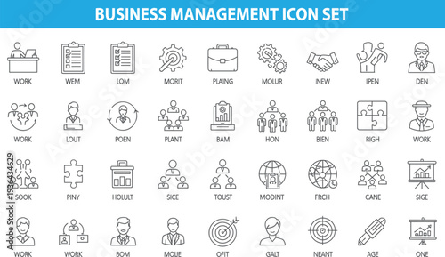 Business management icon set, teamwork, planning, strategy, leadership, office work, analytics, corporate workflow, modern line vector illustration