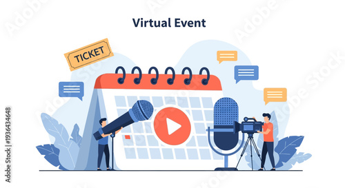 People recording a virtual event with a microphone and camera in a studio setting