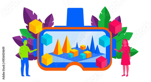 Virtual reality experience showcasing futuristic landscape with people wearing VR headset surrounded by vibrant plants