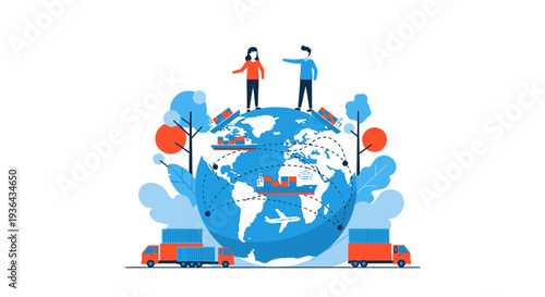 People standing on a global map surrounded by transportation symbols and nature elements from a panoramic viewpoint