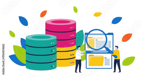 People analyzing stacked data disks and files in a digital workspace with colorful leaves surrounding them from an aerial viewpoint