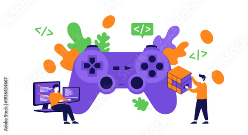 Programmers collaborating on game development project with code snippets and game controller