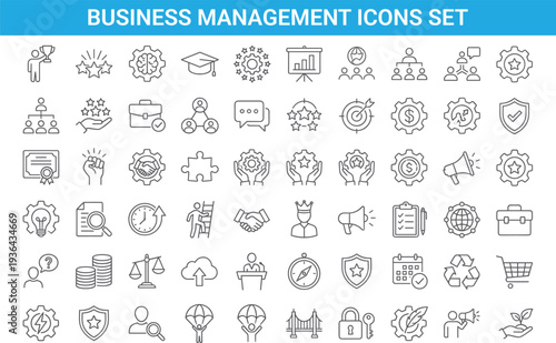 Business management icons set, leadership teamwork strategy finance marketing success symbols, corporate growth, productivity, line vector illustration collection