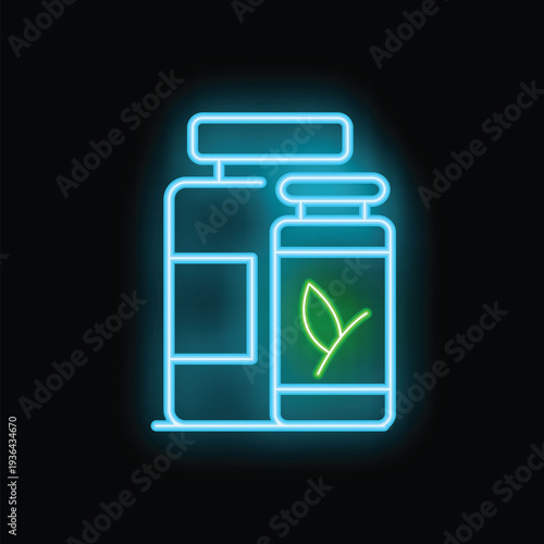 Glowing neon sign depicting two supplement bottles, one with a leaf, suggesting herbal medicine or vitamins