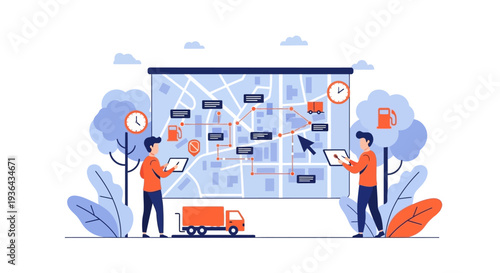 Logistics team planning delivery routes on a large digital map with icons and vehicles on a sunny day