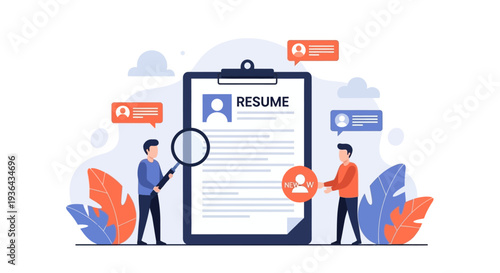 Two professionals examining a large resume on a clipboard with magnifying glass and notification icons