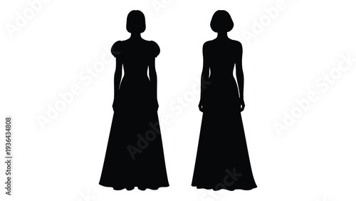 Silhouettes of two women in formal dresses facing forward against a white background