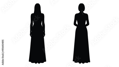 Two silhouetted figures of women wearing long dresses and head coverings
