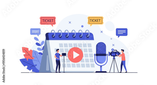 Media production team recording a video presentation with a calendar and tickets in a studio setting