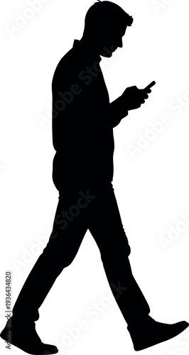 Sports silhouette of a man walking and using his smartphone