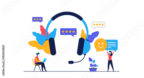 Customer service representatives working with headset and communication icons surrounding them in a collaborative environment from a top-down viewpoint