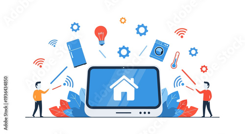 Smart home technology illustration showcasing people interacting with devices and icons representing modern home automation and connectivity
