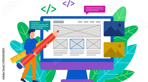 Designing a website on a computer with coding symbols and leaves surrounding the screen