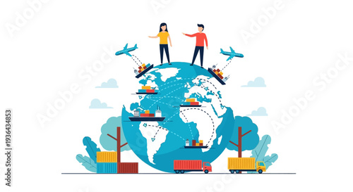Global Logistics and Transportation Scene with People and Vehicles on Earth