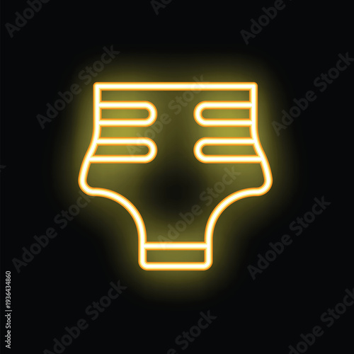 Bright yellow neon icon of a diaper glowing on a black background