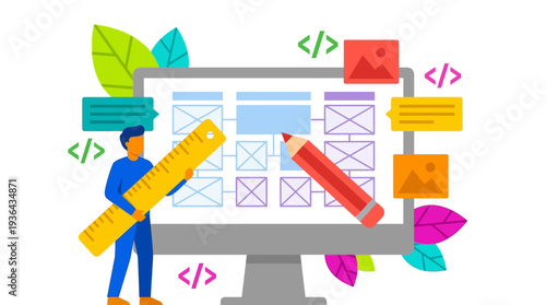 Developer working on coding project on computer with various code snippets and symbols surrounding the screen.