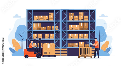 Warehouse workers operating forklift and unloading crates in a large storage facility with shelved boxes