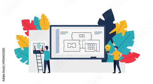 Designers collaborating on a digital project on a large computer screen with wireframe designs and colorful leaves surrounding the workspace