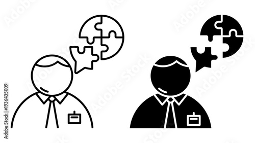 Linear icon. Scientist solves a complex puzzle in his mind. Simple black and white vector symbol isolated on white background
