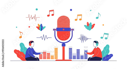 Two people recording audio with a large microphone surrounded by music notes and sound waves in a studio setting