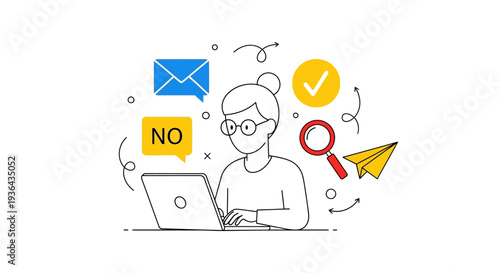 A person working on a laptop surrounded by communication icons and symbols indicating productivity and task management in a simple line art style from a straightforward viewpoint