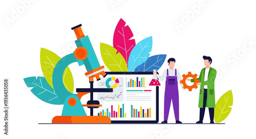 Scientists analyzing data on a large screen with graphs and charts surrounded by leaves and a microscope
