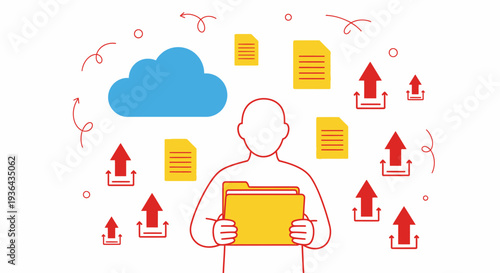 A person holding documents surrounded by files and cloud storage icons with upload and download arrows.