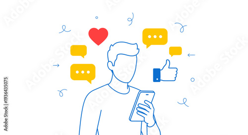 A person interacting with their mobile device, surrounded by social media icons and symbols, in a modern digital environment, from a straightforward viewpoint.