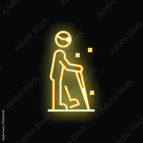 Neon sign representing a blind person walking with a cane and detecting his surrounding area