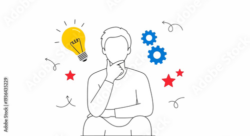 A person contemplating ideas surrounded by abstract symbols and gears in a minimalist illustration
