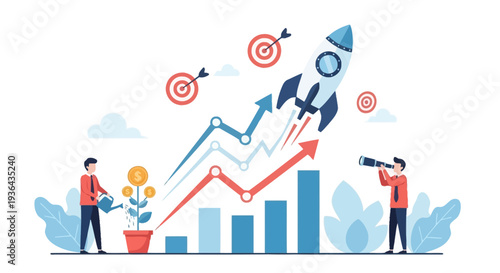 People analyzing business growth charts and graphs with targets and rocket launch in the background from a distant viewpoint