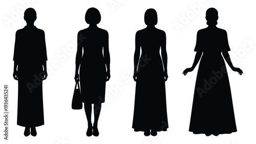Silhouette of four women in traditional dresses facing forward high quality