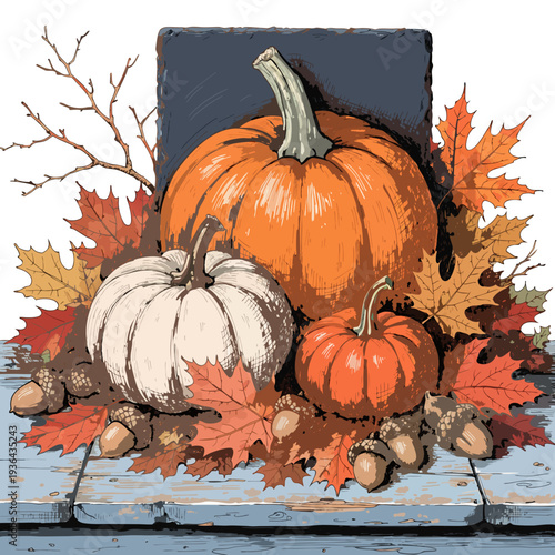Autumn harvest still life featuring pumpkins leaves and acorns