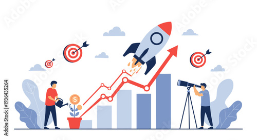 People Launching Rocket Towards Targets Amidst Rising Graph and Analytics