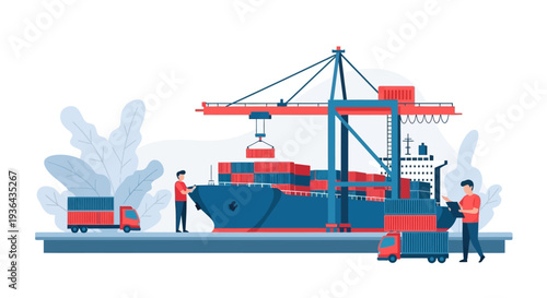 Cargo ship being loaded at a busy industrial dock with workers and equipment in action