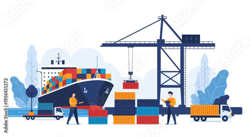 Workers unloading cargo from a large ship at a busy dock with cranes and trucks nearby