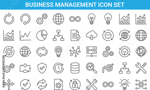 Business process icon set, outline style, workflow symbols, analytics charts, cloud data, strategy tools, global network, productivity graphics collection