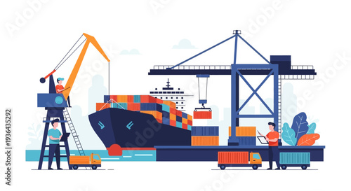 Cargo ship being loaded with containers at a busy dockside by cranes and workers