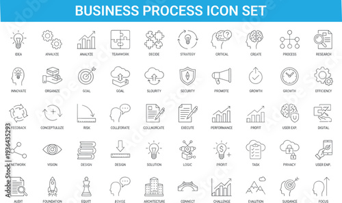 Business process icon set, outline style, strategy planning symbols, teamwork workflow, growth analytics, management tools, corporate design collection