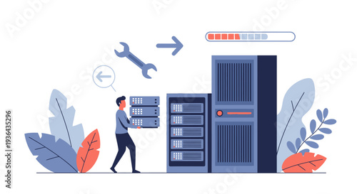 Man accessing server data with tools and storage units in an illustrated office environment from a side viewpoint