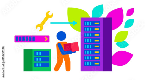 A person maintaining a large server with various tools and colorful abstract elements surrounding it in a tech environment from a straightforward viewpoint