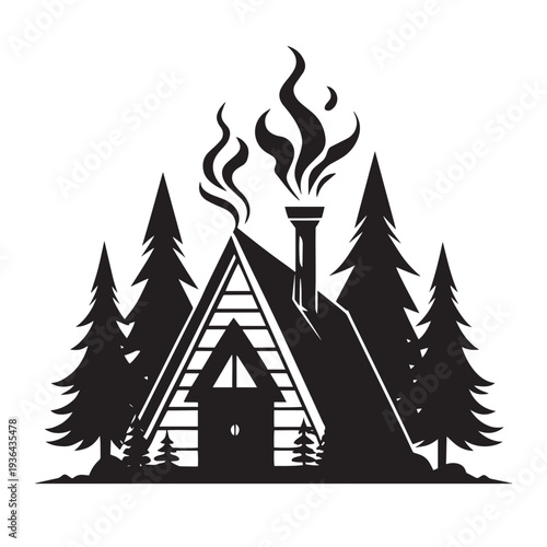 iconic black silhouette of a triangular cabin nestled amongst pine trees with smoke billowing from chimney, evoking cozy mountain retreat and wilderness adventure