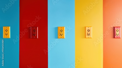 Colorful Wall Design with Electrical Outlets in Bright Red, Blue, Yellow and Orange Paint Shades