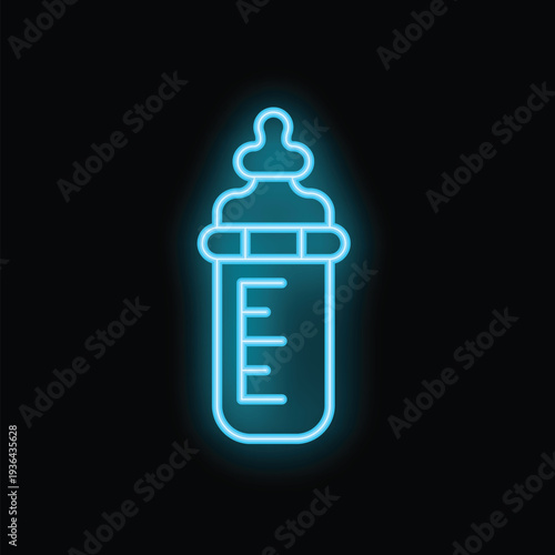 Neon blue baby bottle glowing against a black background