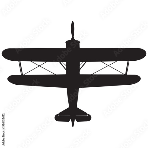 A black silhouette of a vintage biplane against a white background