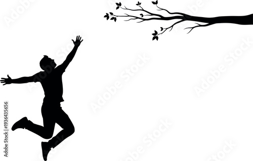 Sports silhouette of a man jumping to catch a bird on a tree branch