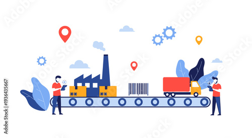 Logistics and transportation workers managing warehouse operations on a conveyor belt system with industrial machinery in the background