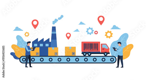 Logistics and transportation workers managing warehouse operations on a conveyor belt system with industrial machinery in the background